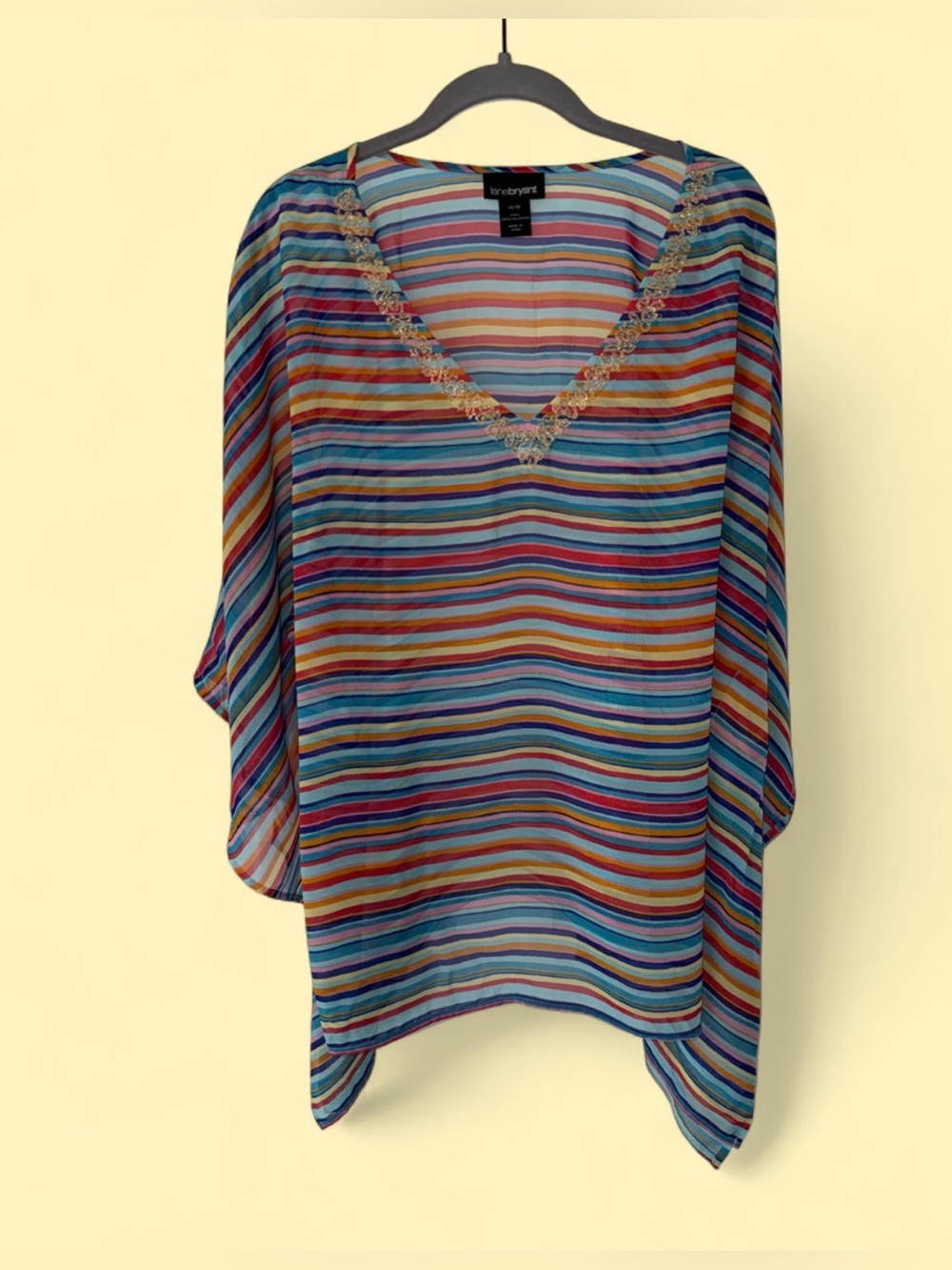 Lane Bryant Multicolor Striped V-Neck Tunic with Lace Trim